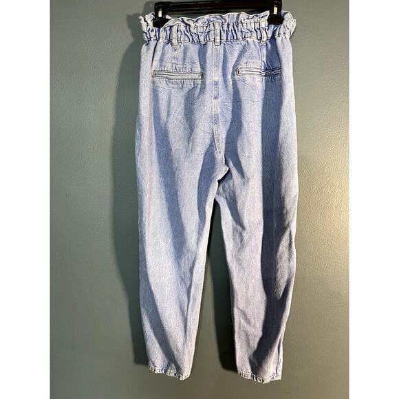 Zara Paper Bag Denim Baggy Pants High Waist Acid Wash Elastic Waist Band - Picture 3 of 11